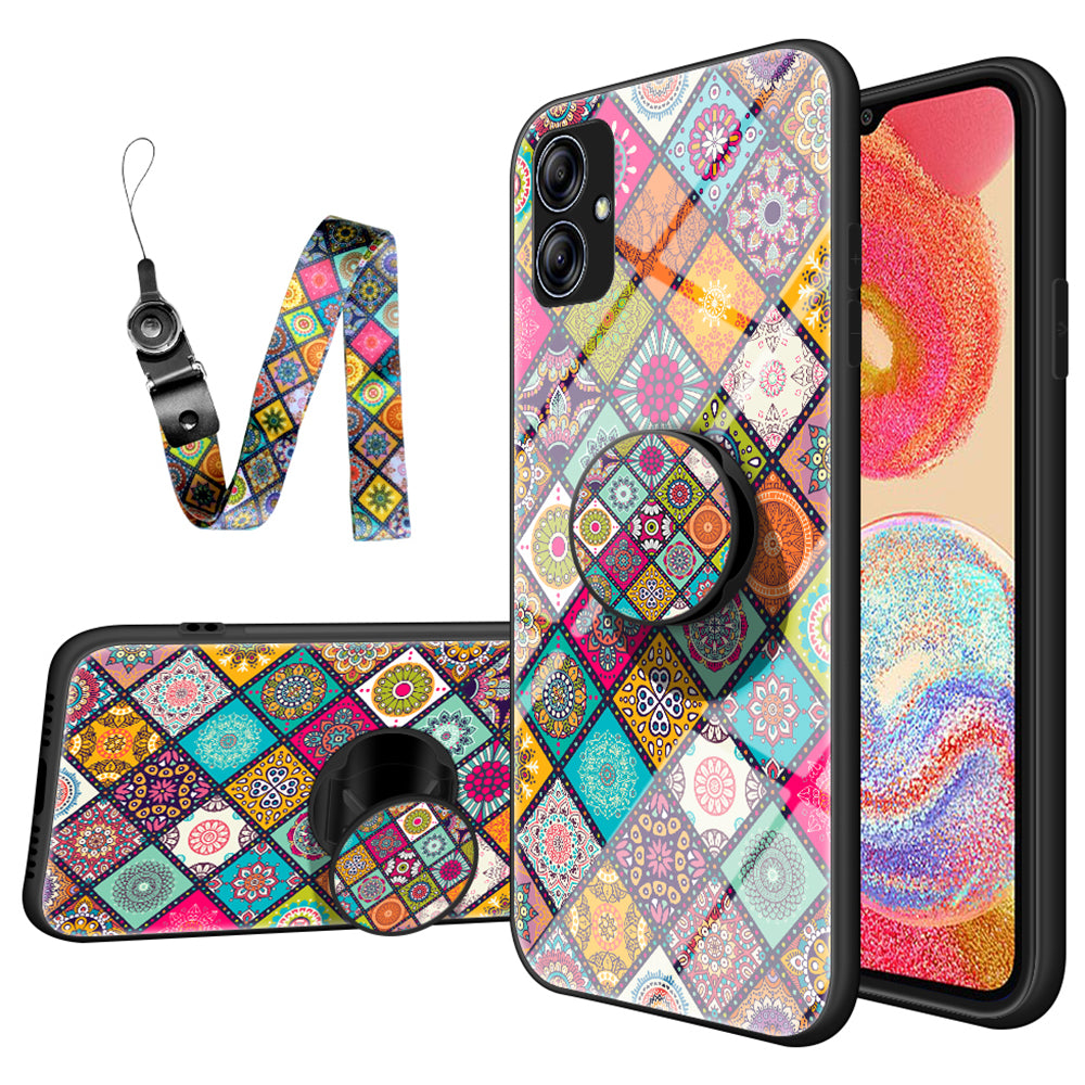 For Samsung Galaxy A04e 4G Tempered Glass Phone Case Flower Pattern PC TPU Kickstand Anti-drop Phone Cover with Lanyard For Samsung Galaxy A04e 4G Tempered Glass Phone Case Flower Pattern PC TPU Kickstand Anti-drop Phone Cover with Lanyard